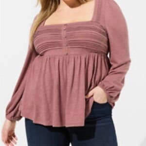 Torrid pink Cotton Modal Slub Square Neck Pintuck Top size 1